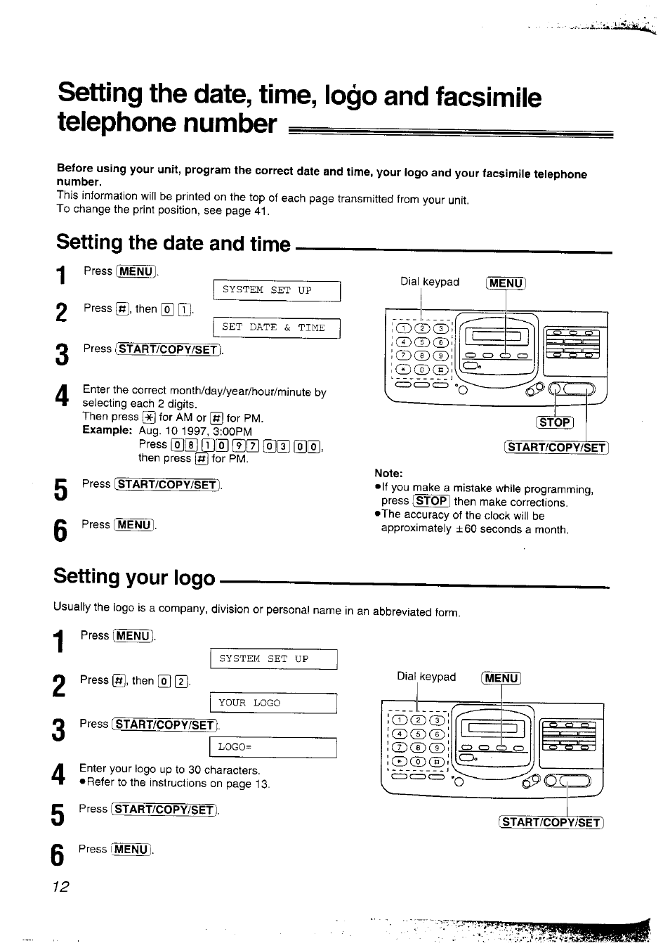 Setting the date and time 1 2, Setting your logo, Setting the date and time | Panasonic KX-F2781NZ User Manual | Page 12 / 82