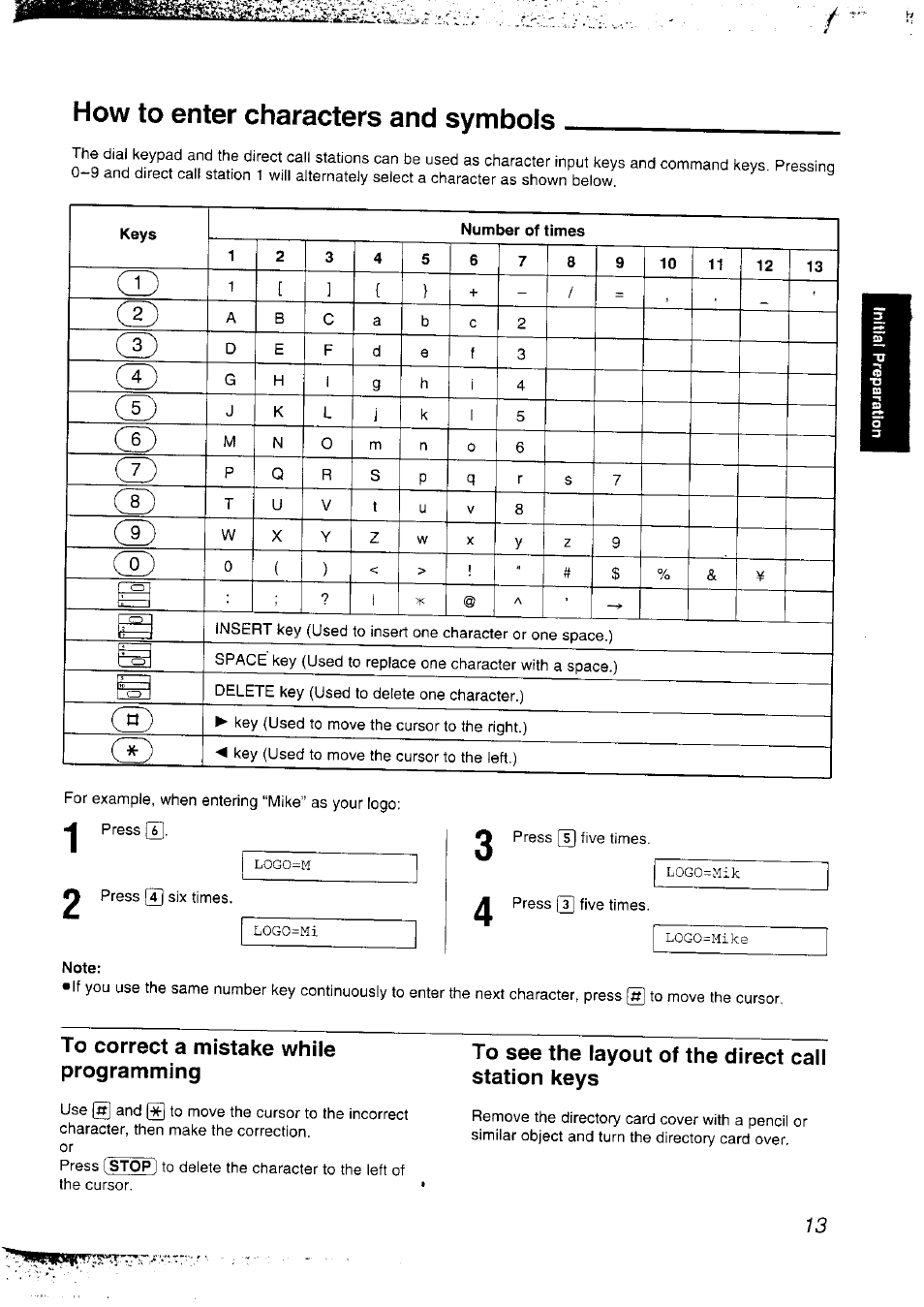 How to enter characters and symbols, Note, To correct a mistake while programming | To see the layout of the direct call station keys | Panasonic KX-F2781NZ User Manual | Page 13 / 82