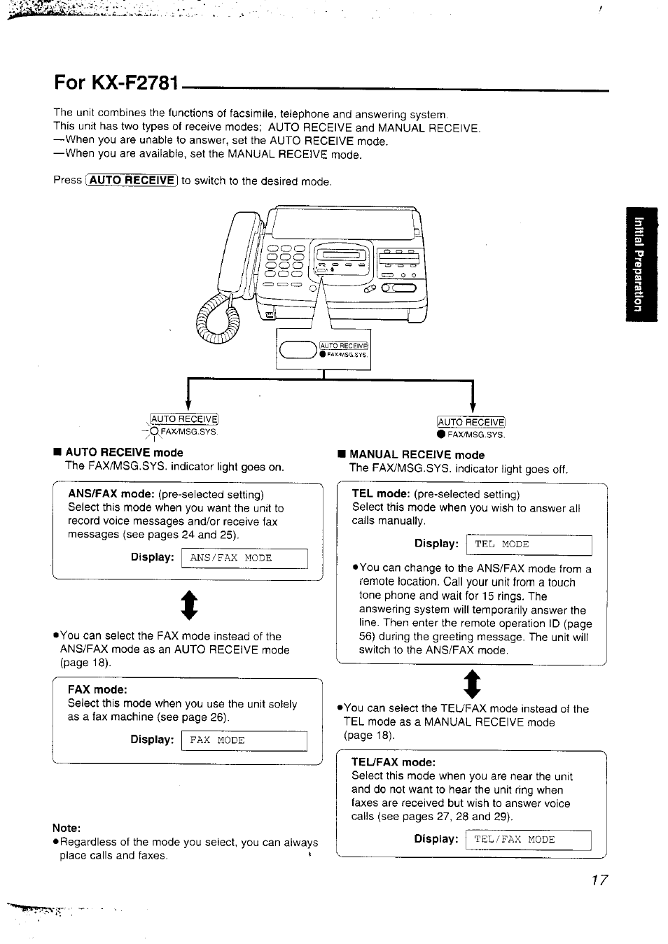 For kx-f2781, Auto receive mode, Manual receive mode | Display, Fax mode, Note, Tel/fax mode | Panasonic KX-F2781NZ User Manual | Page 17 / 82