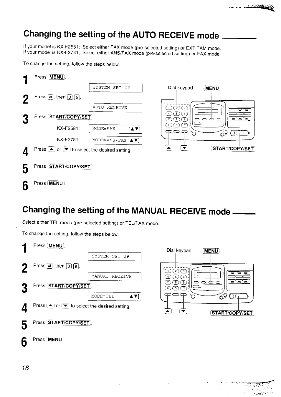 Changing the setting of the auto receive mode, O press rstart/copy/set l, Menu | Start/copy/set, Changing the setting of the manual receive mode | Panasonic KX-F2781NZ User Manual | Page 18 / 82