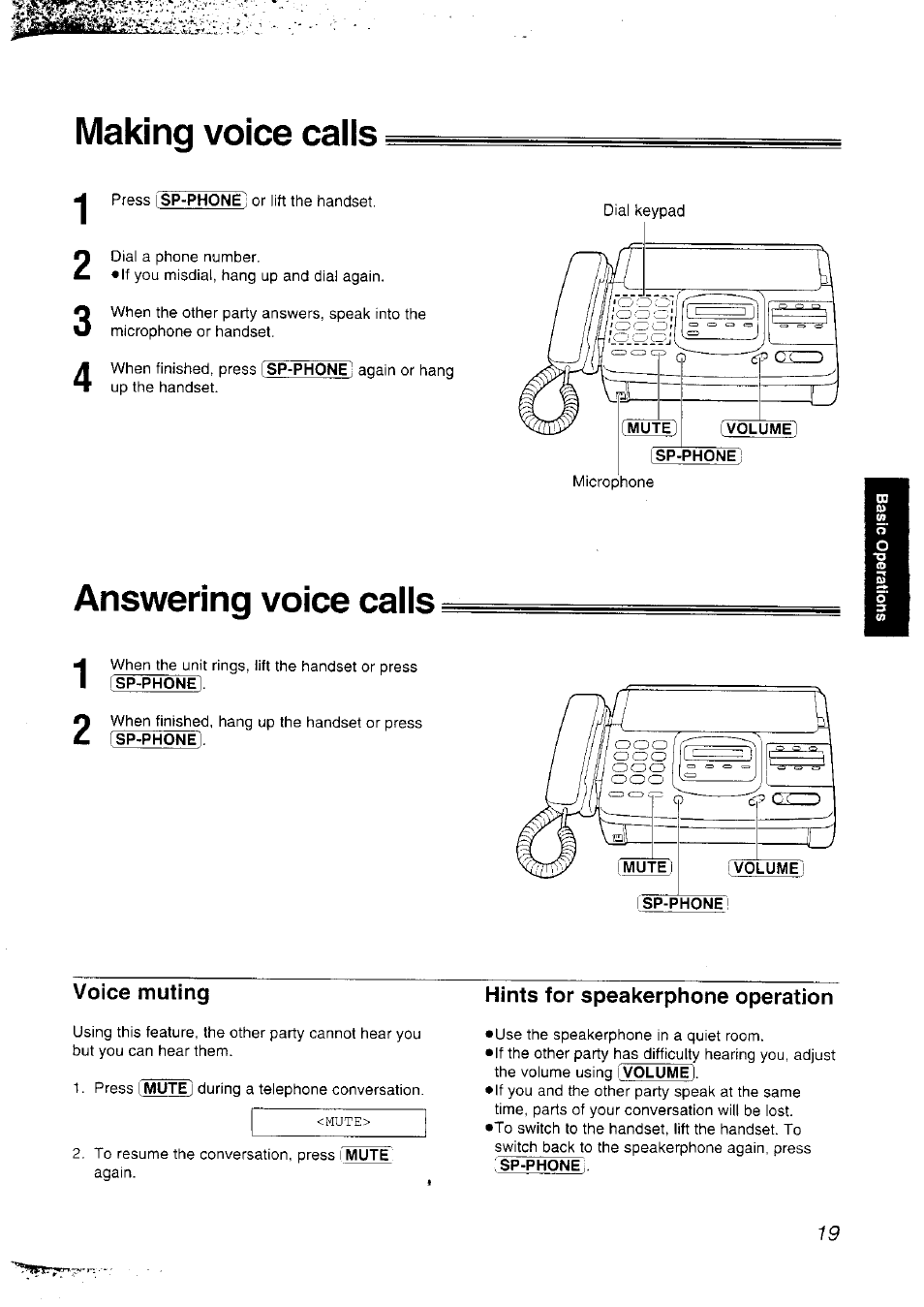 Making voice calls, Answering voice calls, Voice muting | Hints for speakerphone operation | Panasonic KX-F2781NZ User Manual | Page 19 / 82