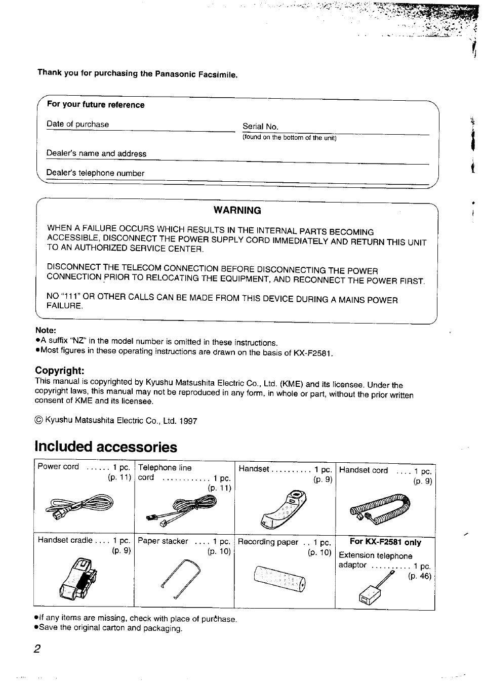 Thank you for purchasing the panasonic facsimiie, For your future reference, Note | Included accessories | Panasonic KX-F2781NZ User Manual | Page 2 / 82