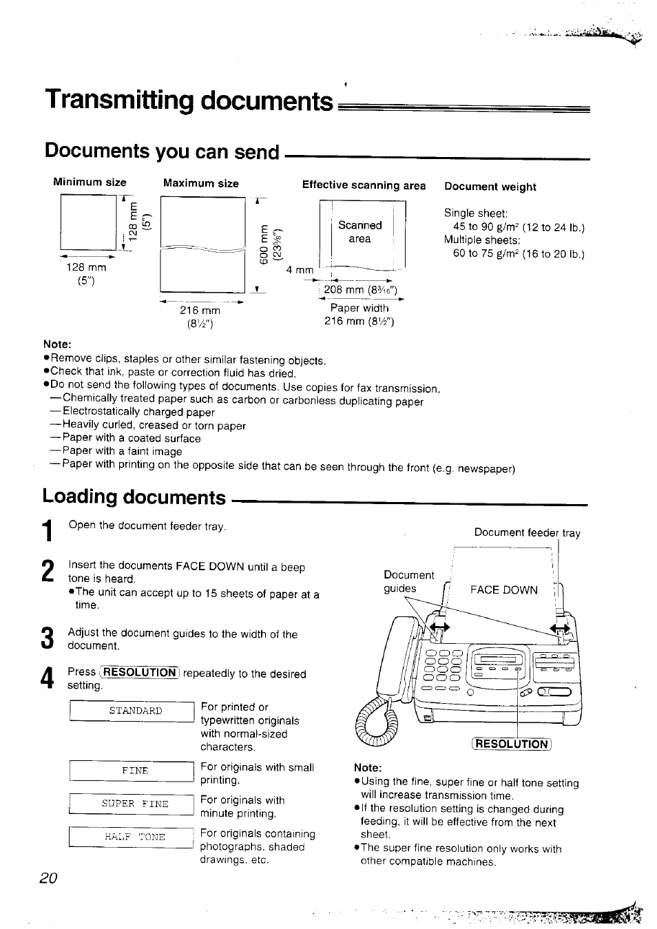 Transmitting documents, Documents you can send, Minimum size maximum size | Note, Loading documents 1 2, Loading documents | Panasonic KX-F2781NZ User Manual | Page 20 / 82