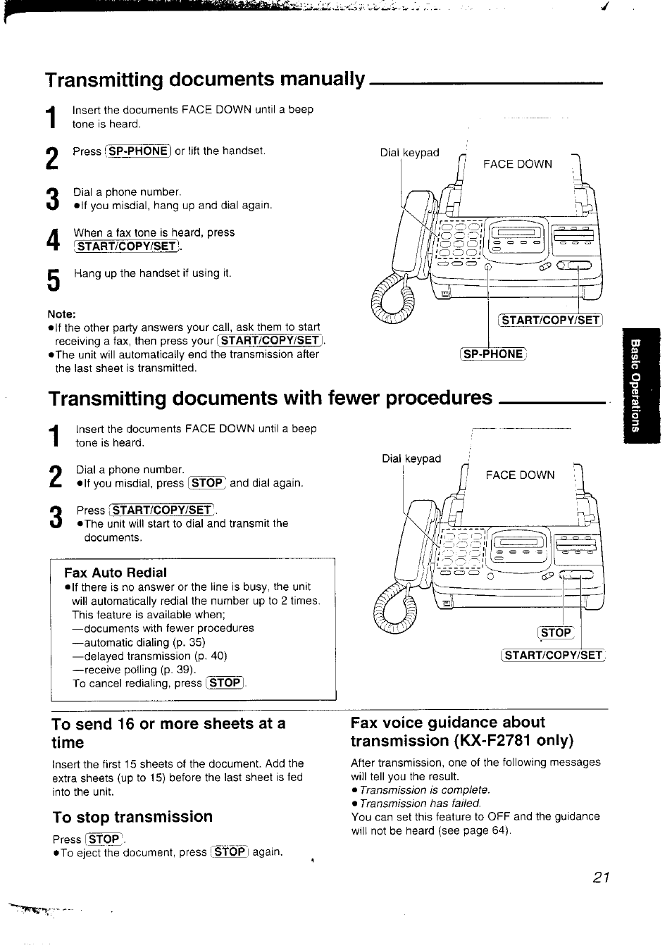 Transmitting documents manually, Transmitting documents with fewer procedures, To send 16 or more sheets at a time | To stop transmission | Panasonic KX-F2781NZ User Manual | Page 21 / 82