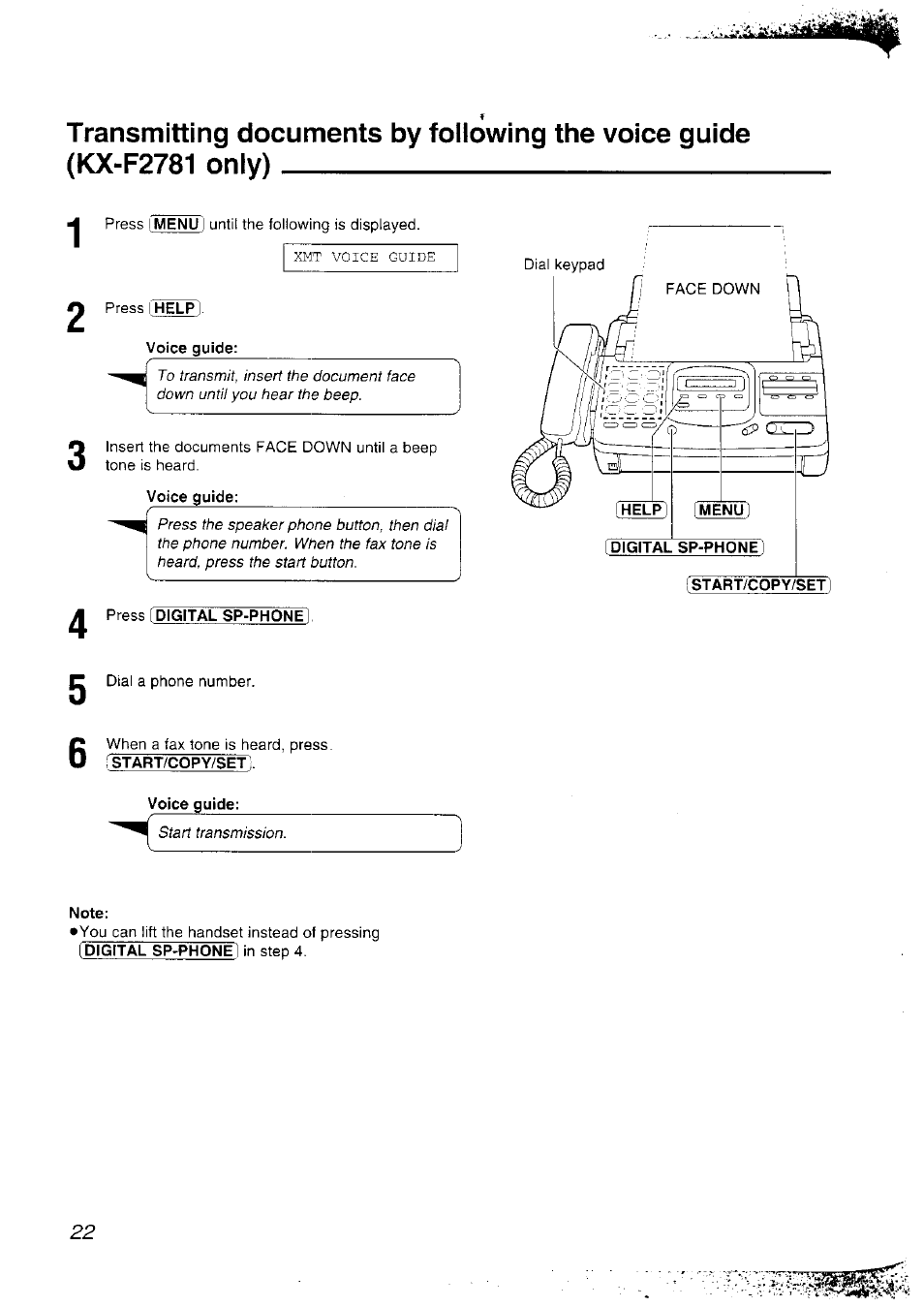 Voice guide, Press digital sp-phone, Note | Panasonic KX-F2781NZ User Manual | Page 22 / 82