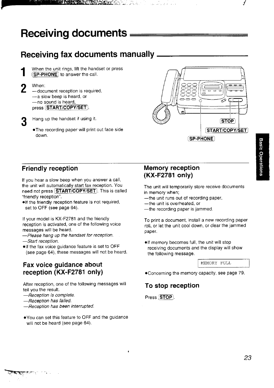 Receiving documents, Receiving fax documents manually, Friendly reception | Fax voice guidance about reception (kx-f2781 only), Memory reception (kx-f2781 only), To stop reception | Panasonic KX-F2781NZ User Manual | Page 23 / 82