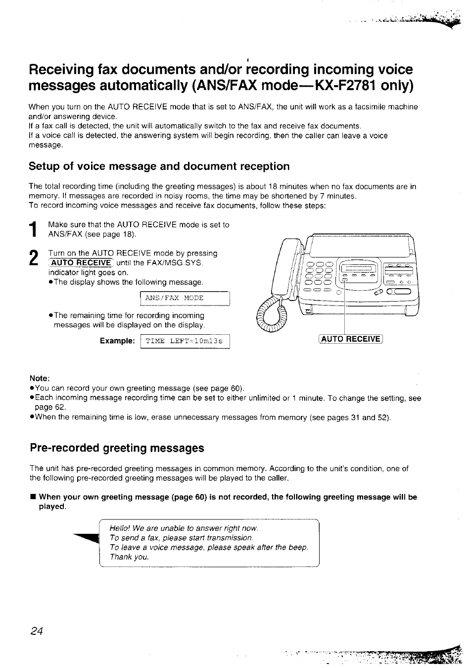 Setup of voice message and document reception, Example, Pre-recorded greeting messages | Panasonic KX-F2781NZ User Manual | Page 24 / 82