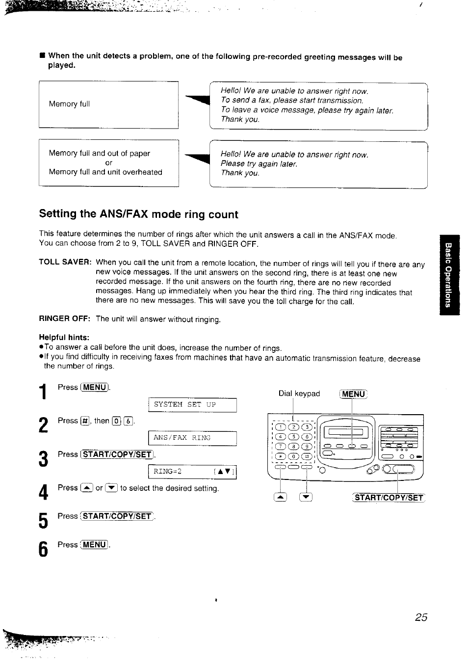 Setting the ans/fax mode ring count, Helpful hints, Press start/copy/set i | Press start/copy/set | Panasonic KX-F2781NZ User Manual | Page 25 / 82