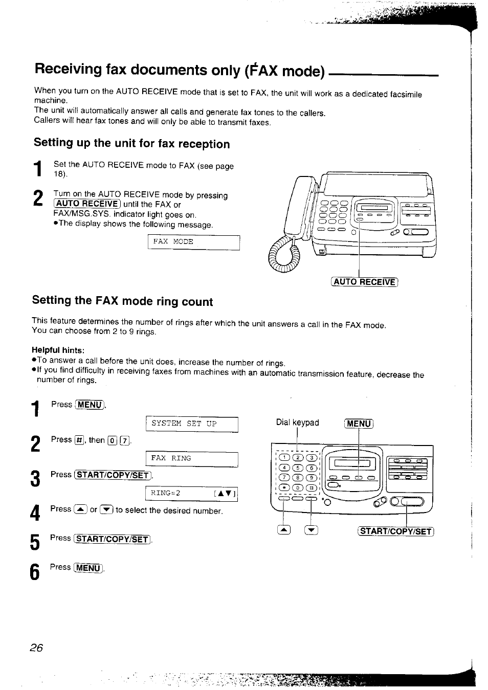 Receiving fax documents only (f^ax mode), Setting up the unit for fax reception, Setting the fax mode ring count | Helpful hints | Panasonic KX-F2781NZ User Manual | Page 26 / 82