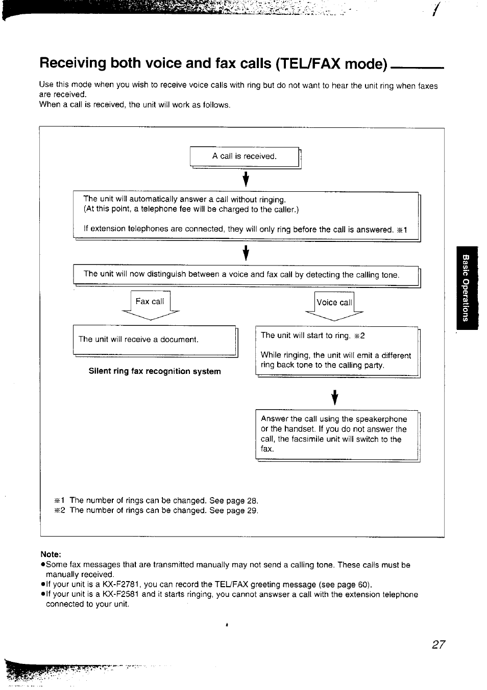 Receiving both voice and fax calls (tel/fax mode), Note | Panasonic KX-F2781NZ User Manual | Page 27 / 82