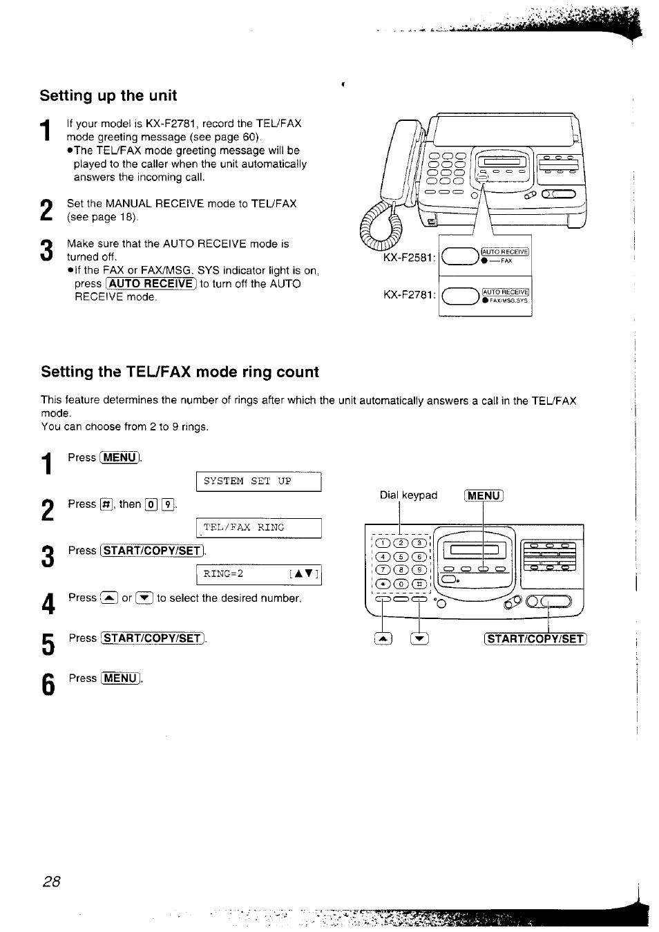 Setting the tel7fax mode ring count, 2 istart/copy/set), Setting up the unit | Panasonic KX-F2781NZ User Manual | Page 28 / 82
