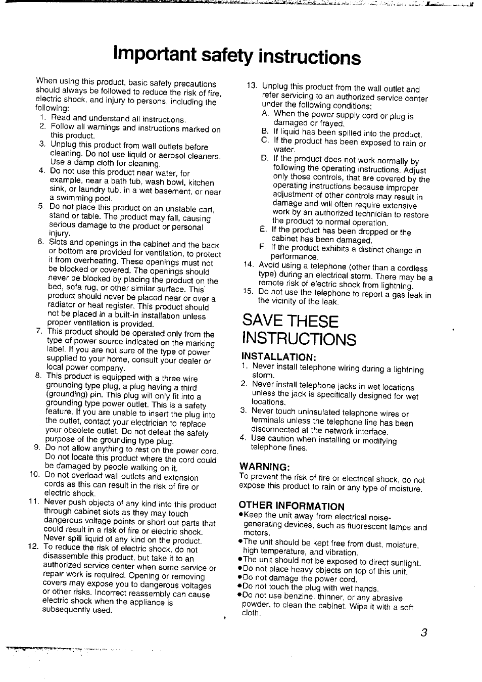 Important safety instructions, Save these instructions | Panasonic KX-F2781NZ User Manual | Page 3 / 82
