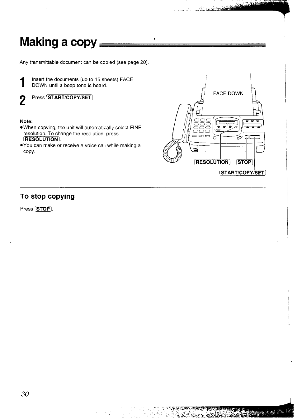 Making a copy, Press start/copy/set, Note | To stop copying | Panasonic KX-F2781NZ User Manual | Page 30 / 82