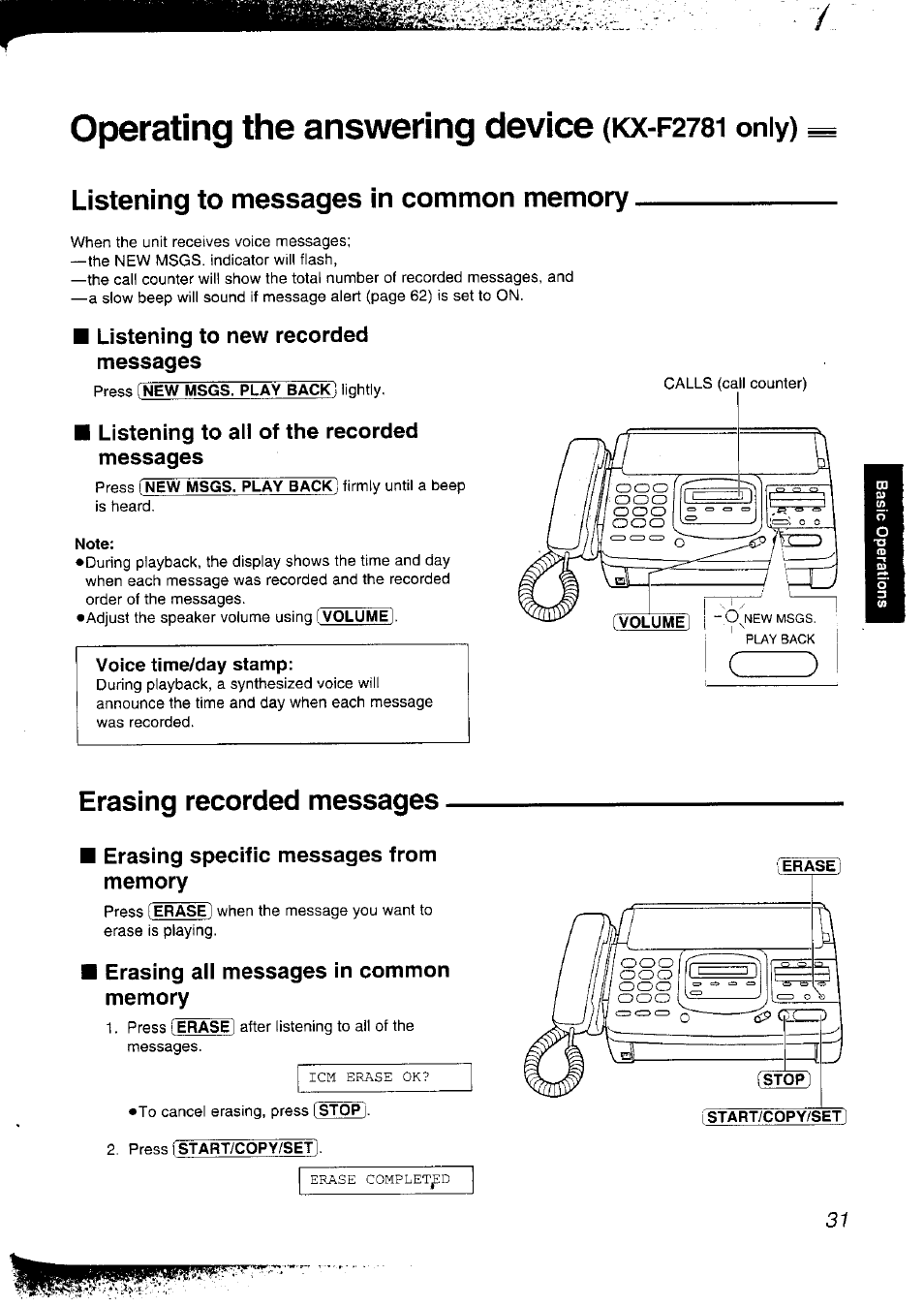 Operating the answering device (kx-f27si only), Listening to messages in common memory, Listening to new recorded messages | Listening to all of the recorded messages, Note, Erasing recorded messages, Erasing specific messages from memory, Erasing all messages in common memory, Operating the answering device {kx-f2781 only), Operating the answering device | Panasonic KX-F2781NZ User Manual | Page 31 / 82