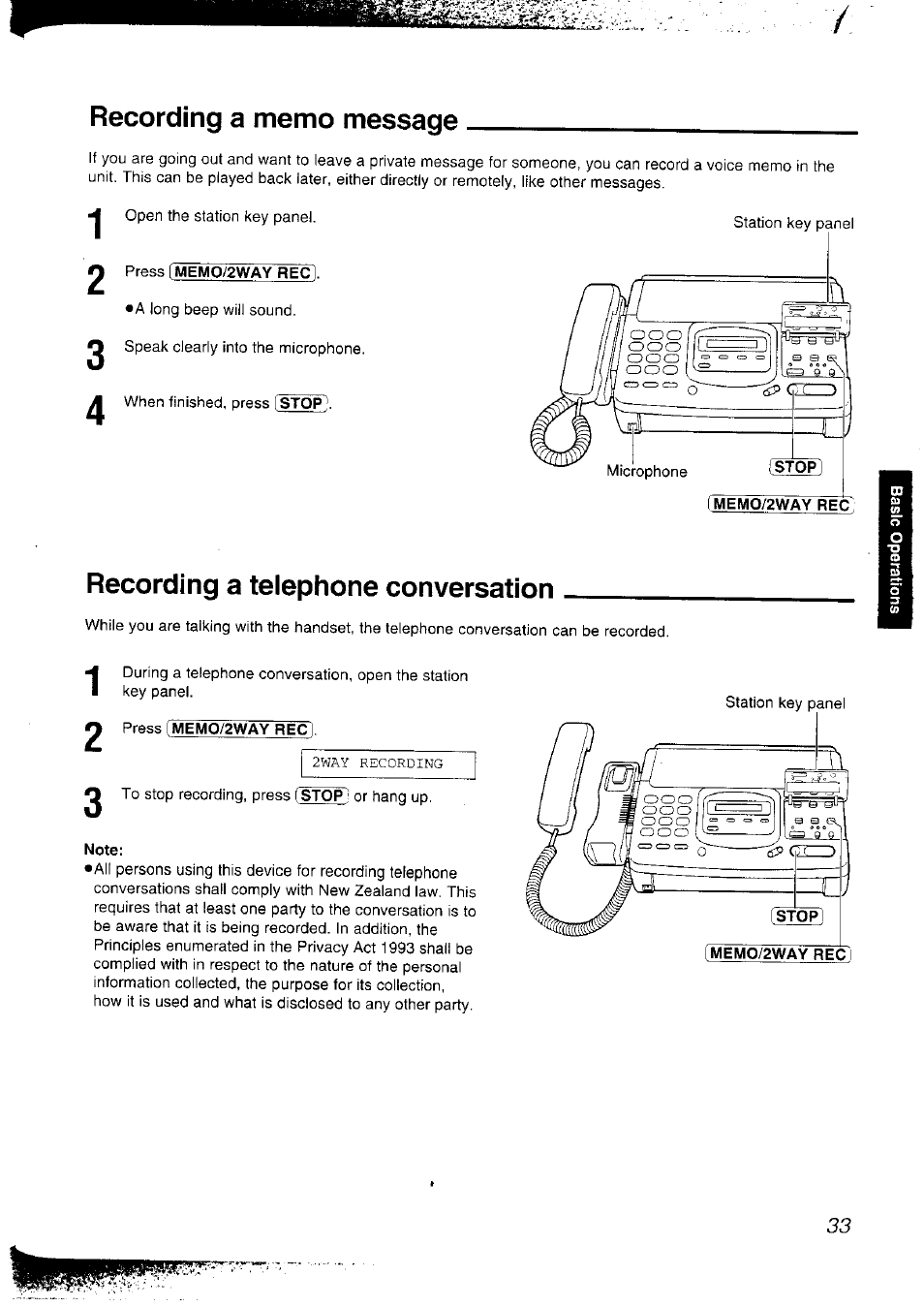 Recording a memo message, Press imemo/2way rec, Recording a telephone conversation | Press memo/2way rec, Note | Panasonic KX-F2781NZ User Manual | Page 33 / 82