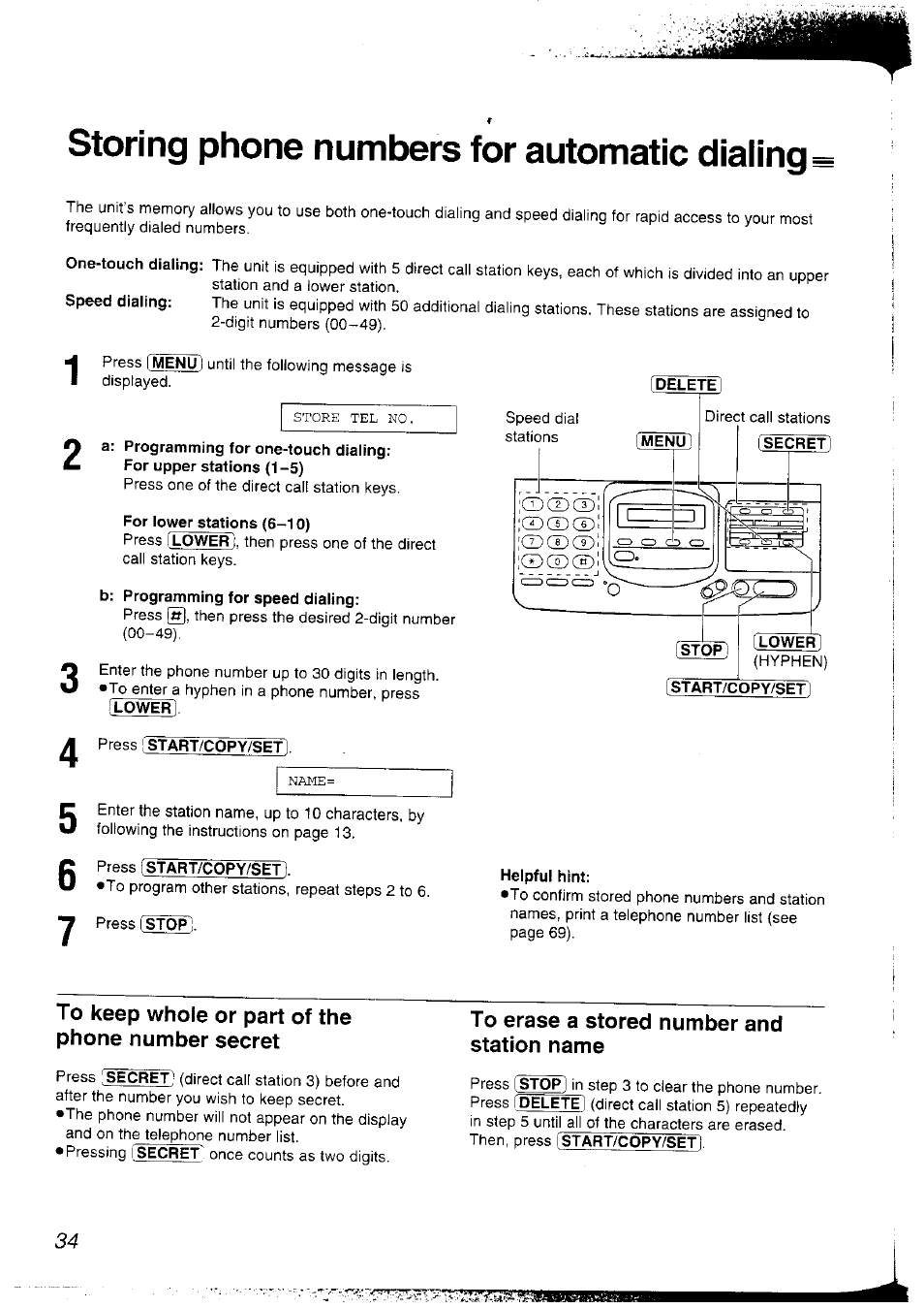 Storing phone numbers for automatic dialing, A: programming for one-touch dialing, For upper stations (1 -5) | For lower stations (6-10), B: programming for speed dialing, Press [start/copy/setj, Press start/copy/set, Press stop), F start/copy/set, Helpful hint | Panasonic KX-F2781NZ User Manual | Page 34 / 82