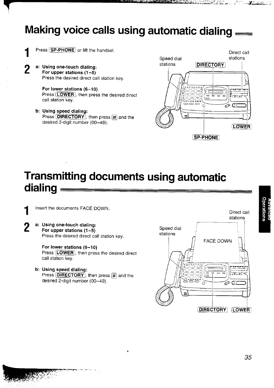 Making voice calls using automatic dialing, A: using one-touch dialing, For lower stations (6-10) | B: using speed dialing, Transmitting documents using automatic dialing | Panasonic KX-F2781NZ User Manual | Page 35 / 82