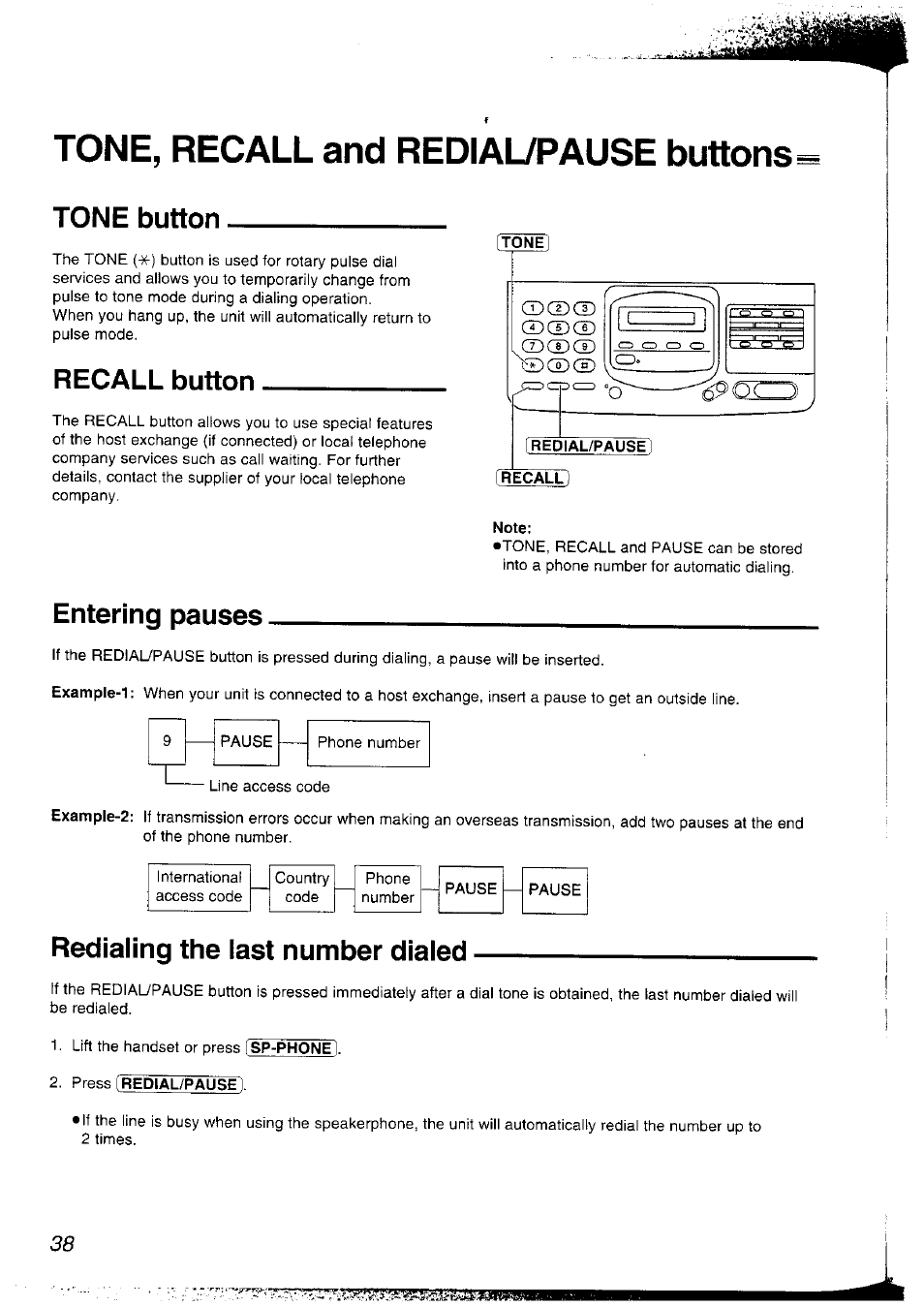 Tone, recall and redial/pause buttons, Tone, Redial/pause | Recall, Note, Tone button, Recall button, Entering pauses, Redialing the last number dialed | Panasonic KX-F2781NZ User Manual | Page 38 / 82