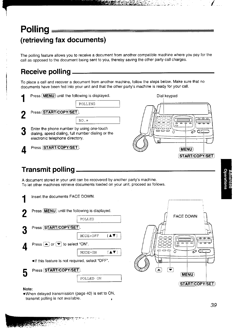 Polling, Retrieving fax documents), Receive polling | Press start/copy/set, Transmit polling, Press [start/copy/set, Note, Polling (retrieving fax documents) | Panasonic KX-F2781NZ User Manual | Page 39 / 82