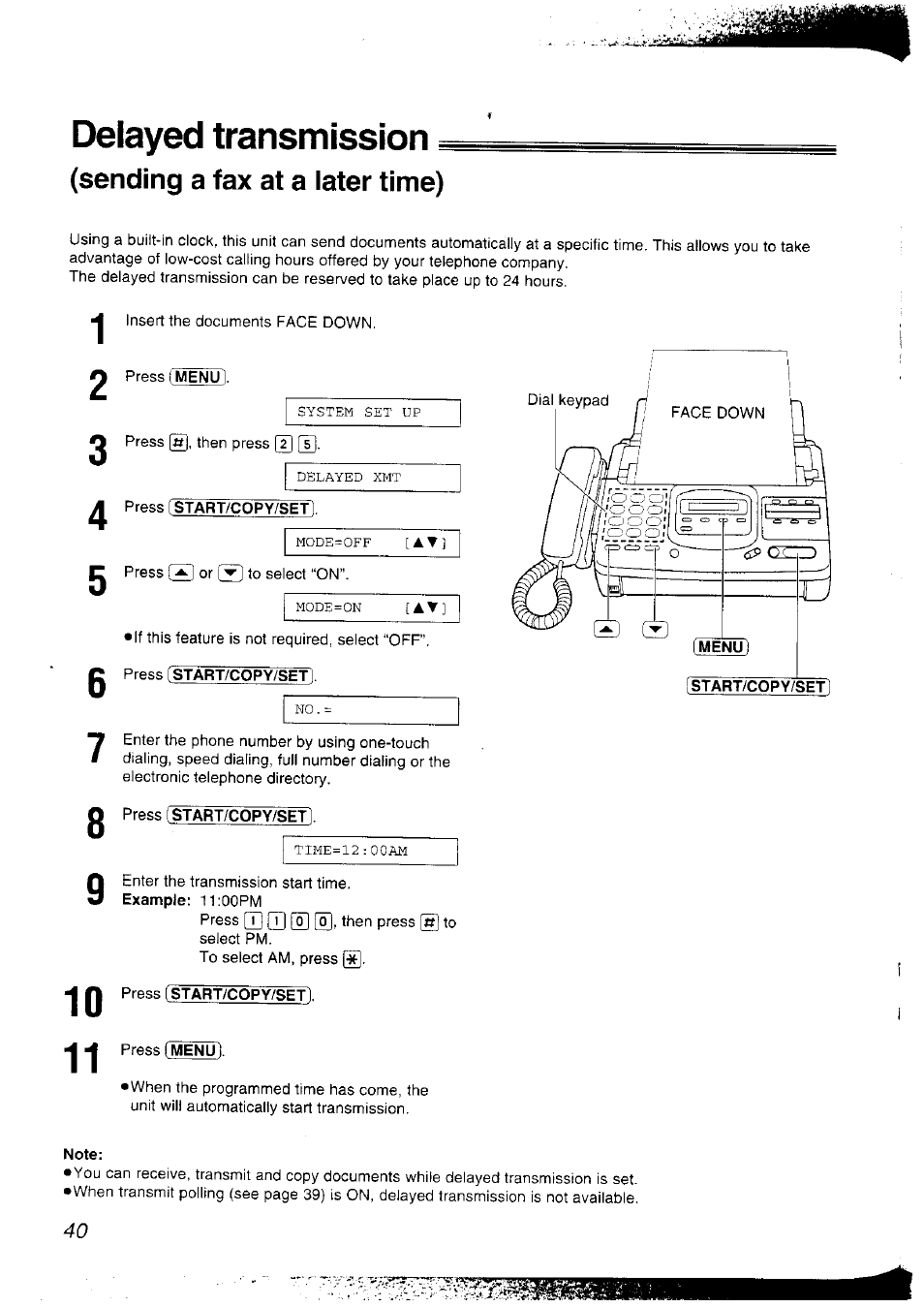 Delayed transmission, Sending a fax at a later time) | Panasonic KX-F2781NZ User Manual | Page 40 / 82