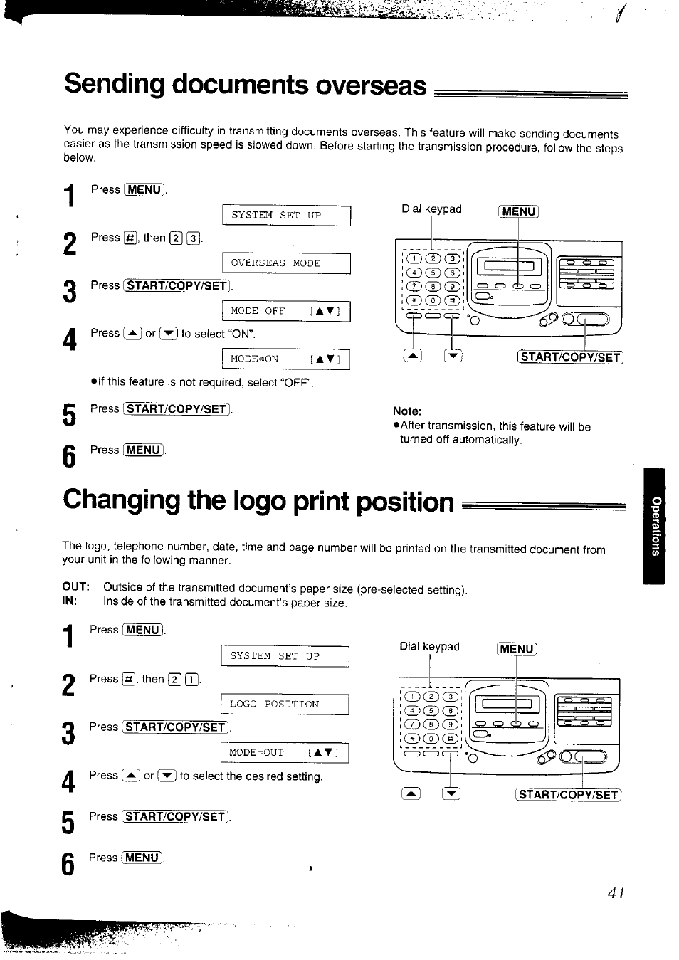 Sending documents overseas, Press [start/copy/set, Menu | Start/copy/set, Note, Changing the logo print position, Press fstart/copy/set, Press start/copy/set | Panasonic KX-F2781NZ User Manual | Page 41 / 82