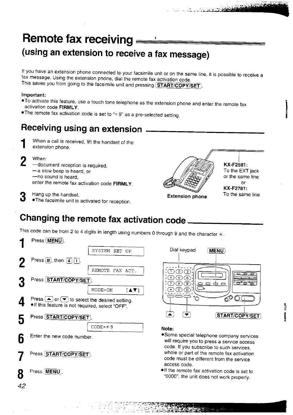 Remote fax receiving, Using an extension to receive a fax message), Important | Receiving using an extension, Changing the remote fax activation code, Press fstart/copy/setl, Press start/copy/set, Note | Panasonic KX-F2781NZ User Manual | Page 42 / 82