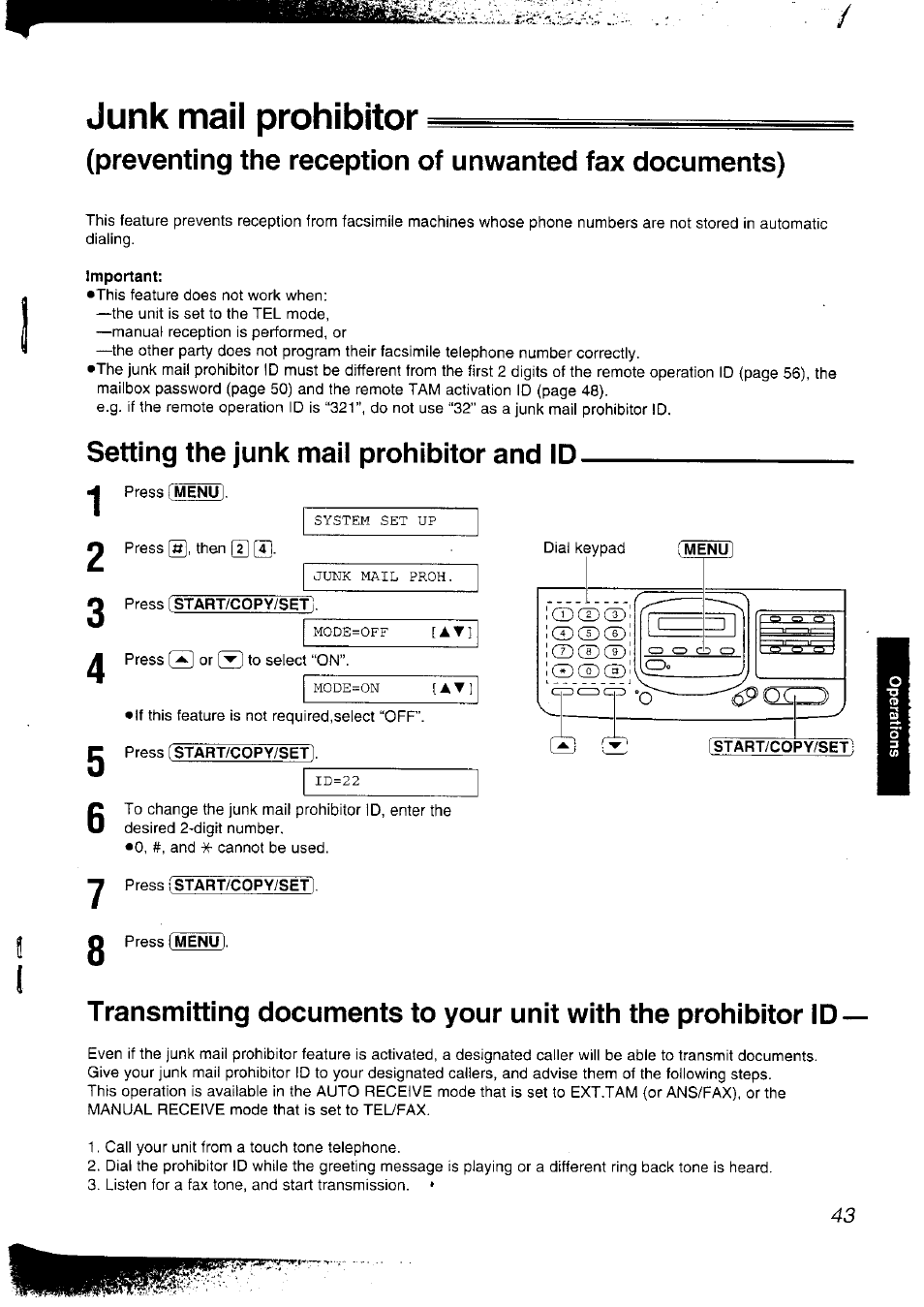 Junk mail prohibitor, Important, Setting the junk mail prohibitor and id 1 2 | Panasonic KX-F2781NZ User Manual | Page 43 / 82