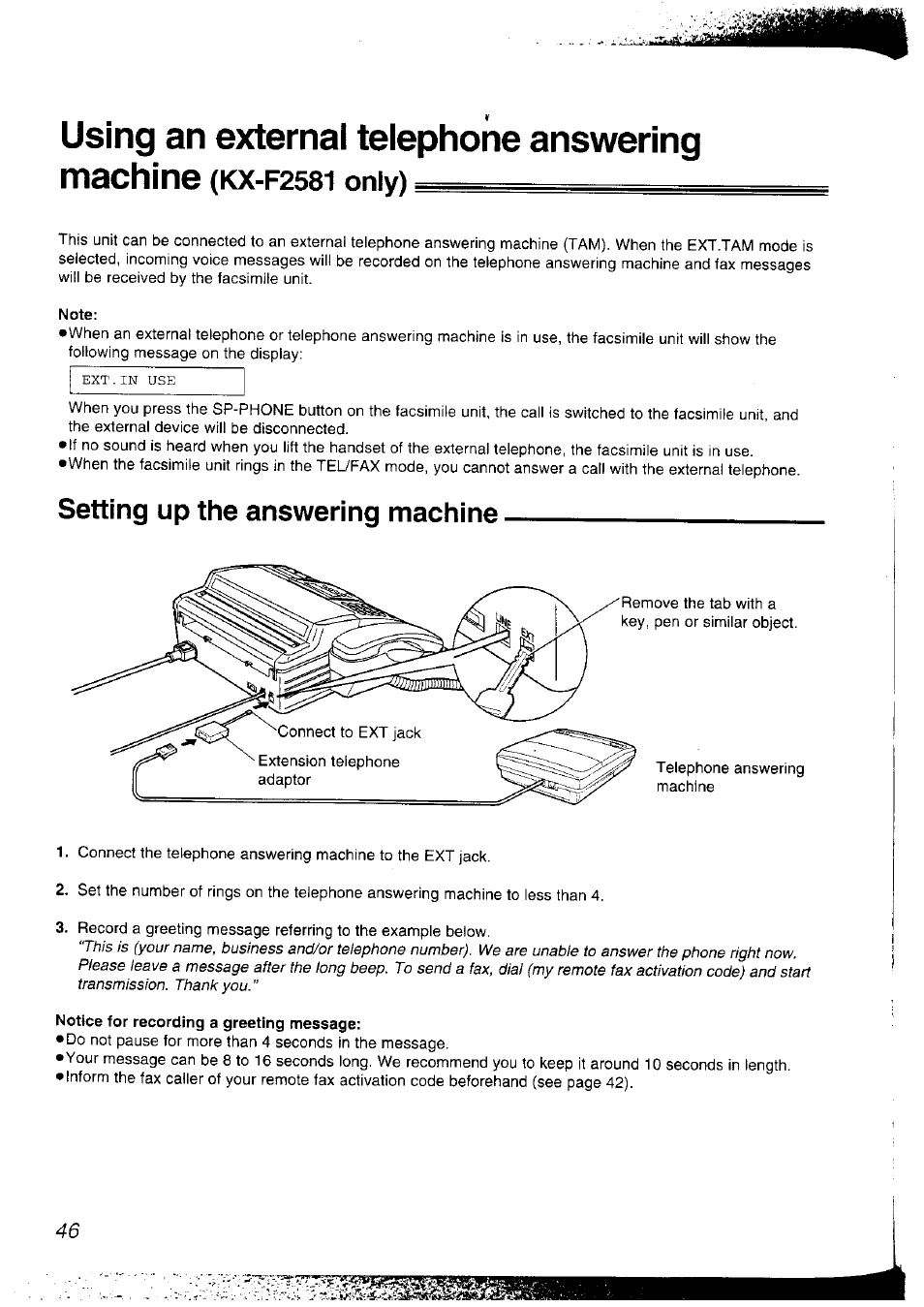 Note, Setting up the answering machine, Notice for recording a greeting message | Using an external telephone answering machine, Only) | Panasonic KX-F2781NZ User Manual | Page 46 / 82