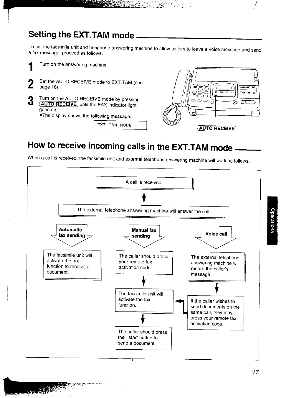 Setting the ext.tam mode, How to receive incoming calls in the ext.tam mode | Panasonic KX-F2781NZ User Manual | Page 47 / 82