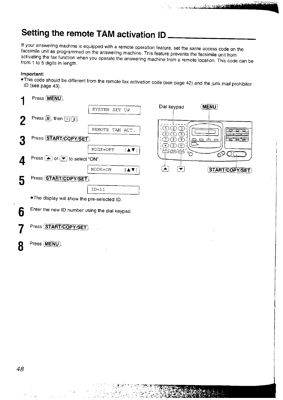 Setting the remote tam activation id, Important | Panasonic KX-F2781NZ User Manual | Page 48 / 82