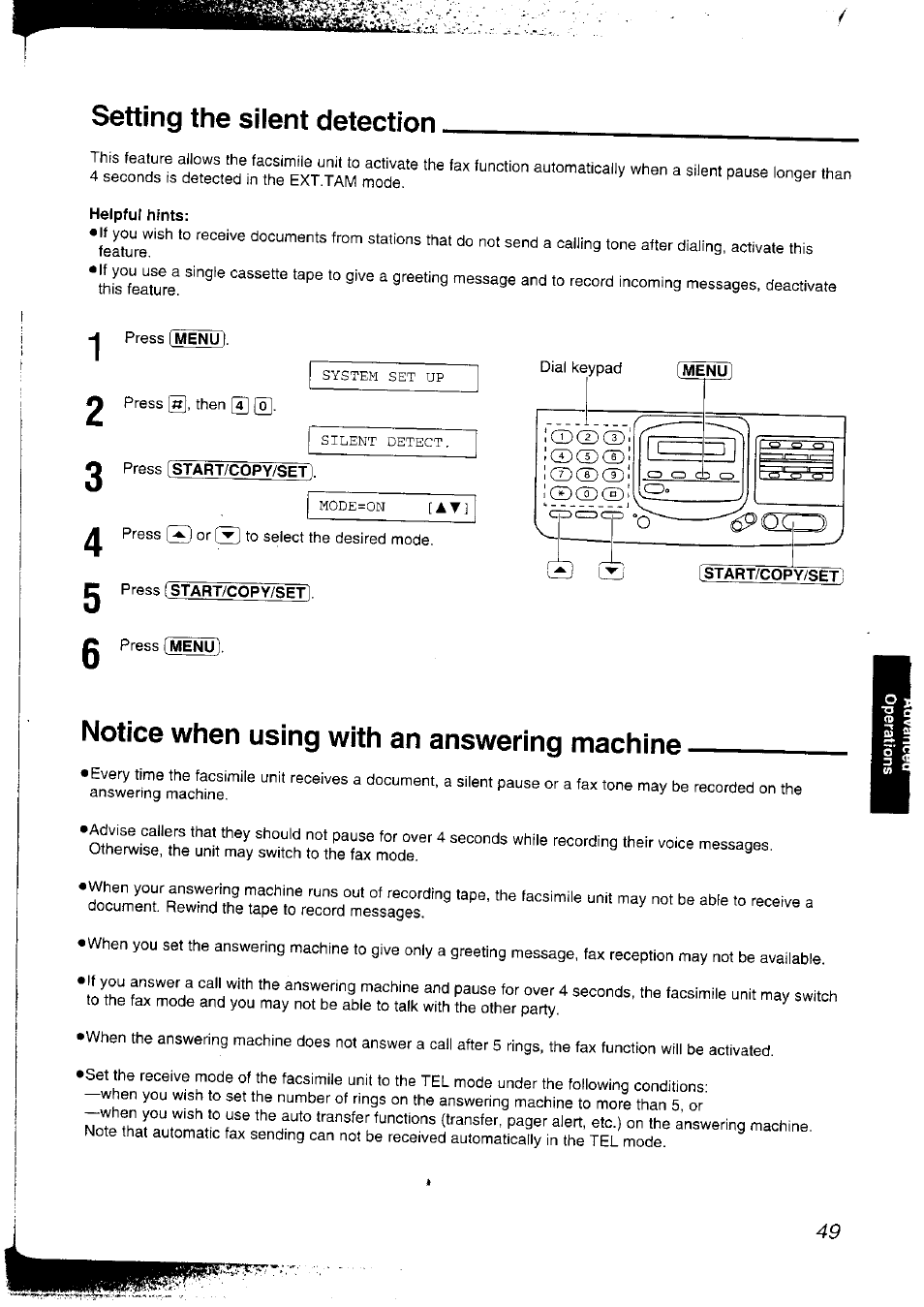 Setting the silent detection, Helpful hints, Press [start/copy/set | Press start/copy/set, Notice when using with an answering machine | Panasonic KX-F2781NZ User Manual | Page 49 / 82