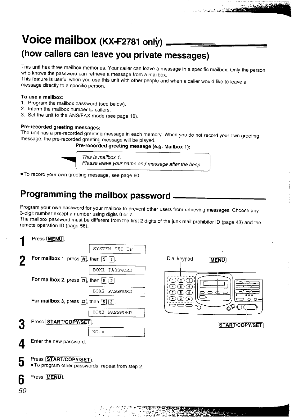 Voice mailbox (kx-f2781 only), How callers can leave you private messages), To use a mailbox | Pre-recorded greeting messages, Programming the mailbox password, Press i start/copy/setl, Press [start/copy/setl, Voice mailbox | Panasonic KX-F2781NZ User Manual | Page 50 / 82