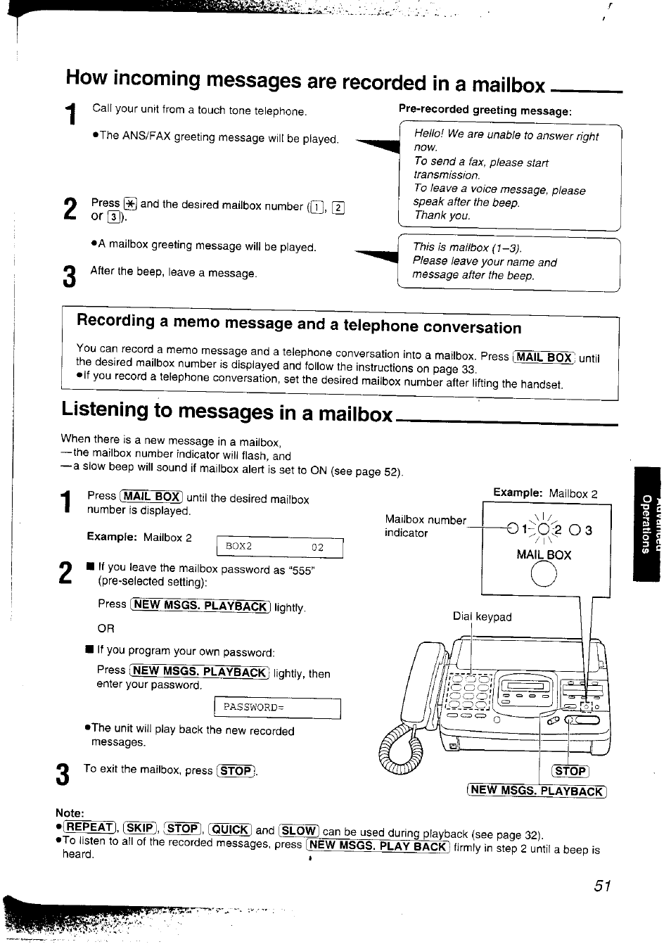 How incoming messages are recorded in a mailbox, Pre-recorded greeting message, Listening to messages in a mailbox | Note, How incoming messages are recorded in a mailbox 1 | Panasonic KX-F2781NZ User Manual | Page 51 / 82