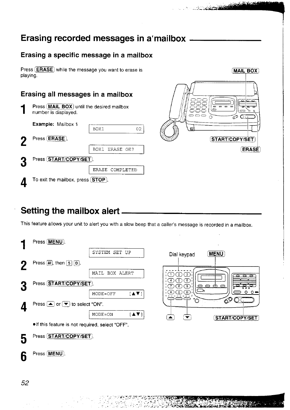 Erasing recorded messages in a'mailbox, Erasing a specific message in a mailbox, Erasing all messages in a mailbox | Press l start/copy/set, Setting the mailbox alert, O press [^art/copy/set, Start/copy/set, Setting the message alert | Panasonic KX-F2781NZ User Manual | Page 52 / 82