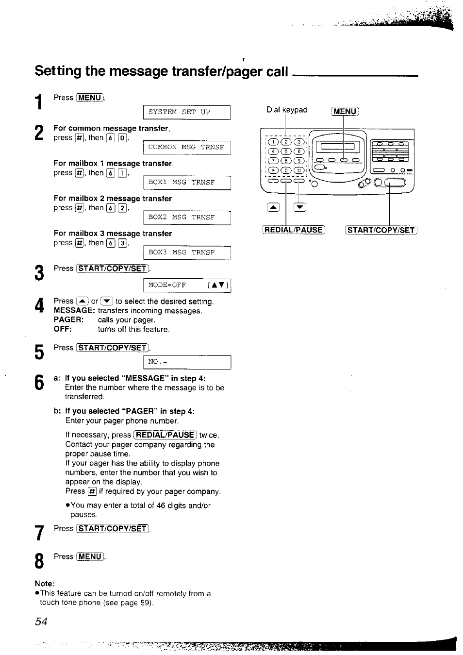 For common message transfer, For mailbox 1 message transfer, For mailbox 2 message transfer | For mailbox 3 message transfer, Press [start/copy/setl, Press [start/copy/set, A: if you selected “message” in step 4, Note, Menu), Redial/pause | Panasonic KX-F2781NZ User Manual | Page 54 / 82