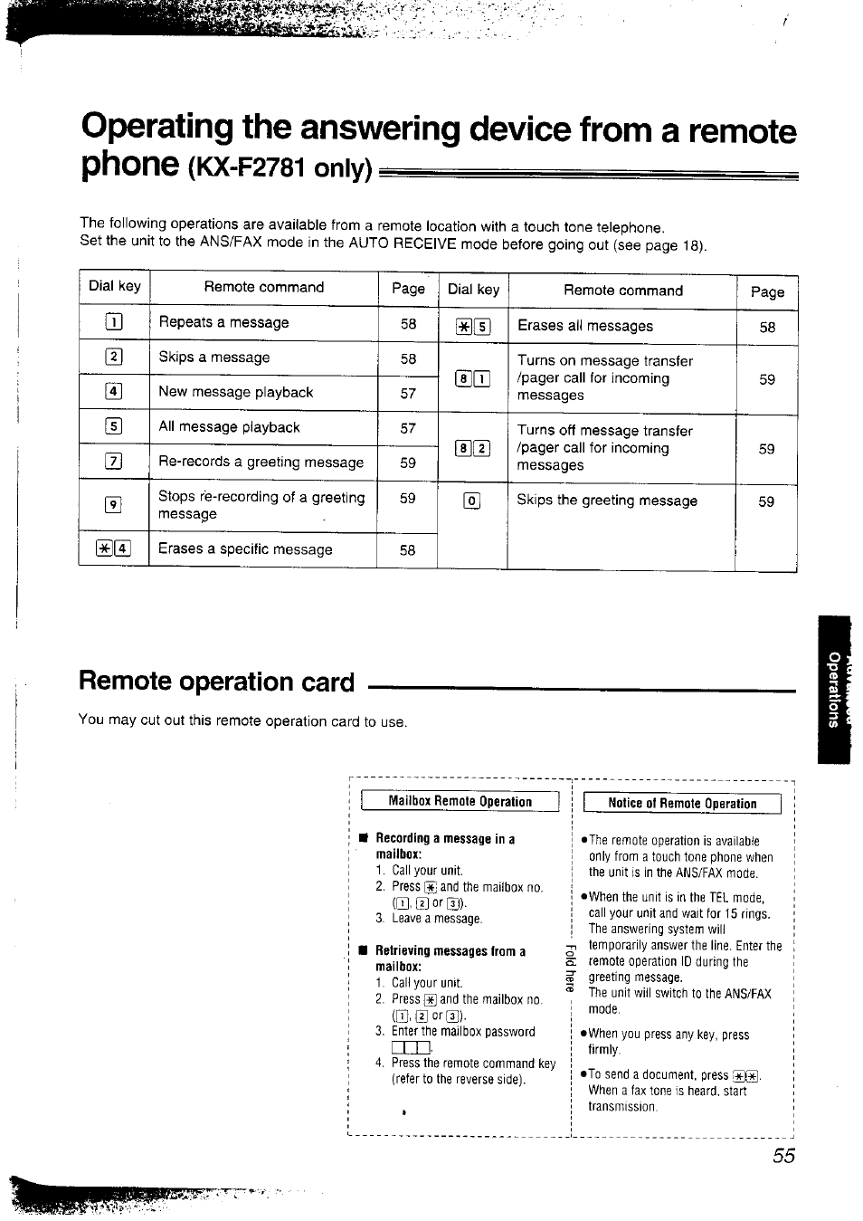 Operating the answering device from a remote, Phone (kx>f2781 only), Remote operation card | Mailbox remote operation, Recording a message in a mailbox, Retrieving messages from a mailbox, Notice of remote operation, Operating the answering device from a remote phone, Kx>f2781 only) | Panasonic KX-F2781NZ User Manual | Page 55 / 82