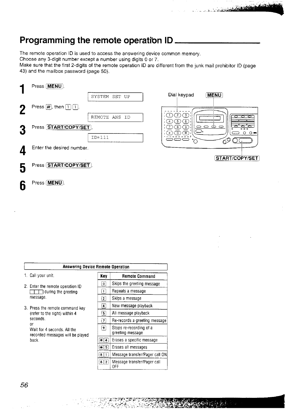 Programming the remote operation id, Press start/copy/set, Press i start/copy/set | Answering device remote operation | Panasonic KX-F2781NZ User Manual | Page 56 / 82