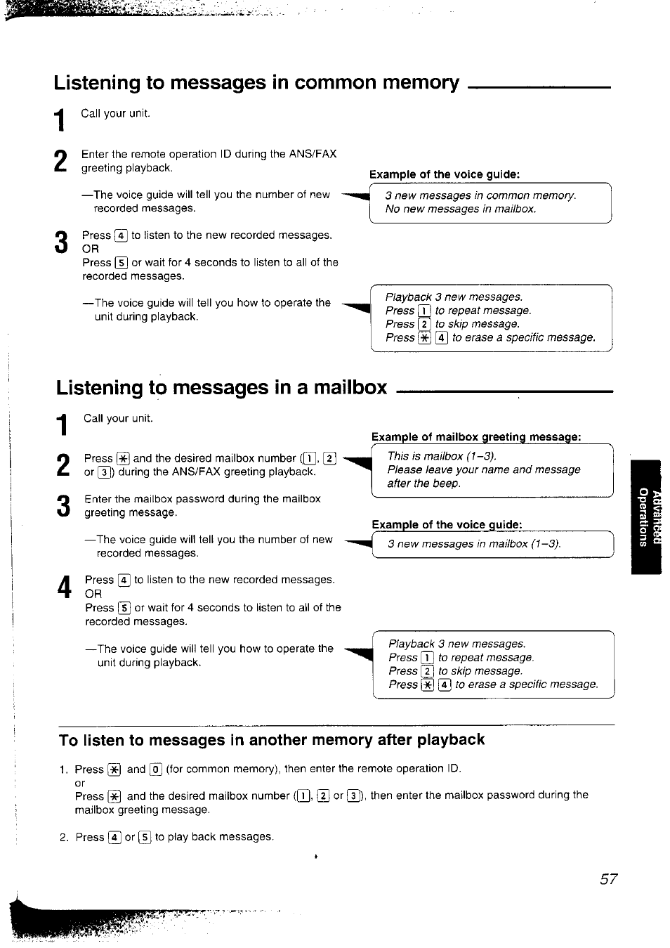 Listening to messages in common memotv, Example of mailbox greeting message, Example of the voice guide | Listening to messages in a mailbox | Panasonic KX-F2781NZ User Manual | Page 57 / 82