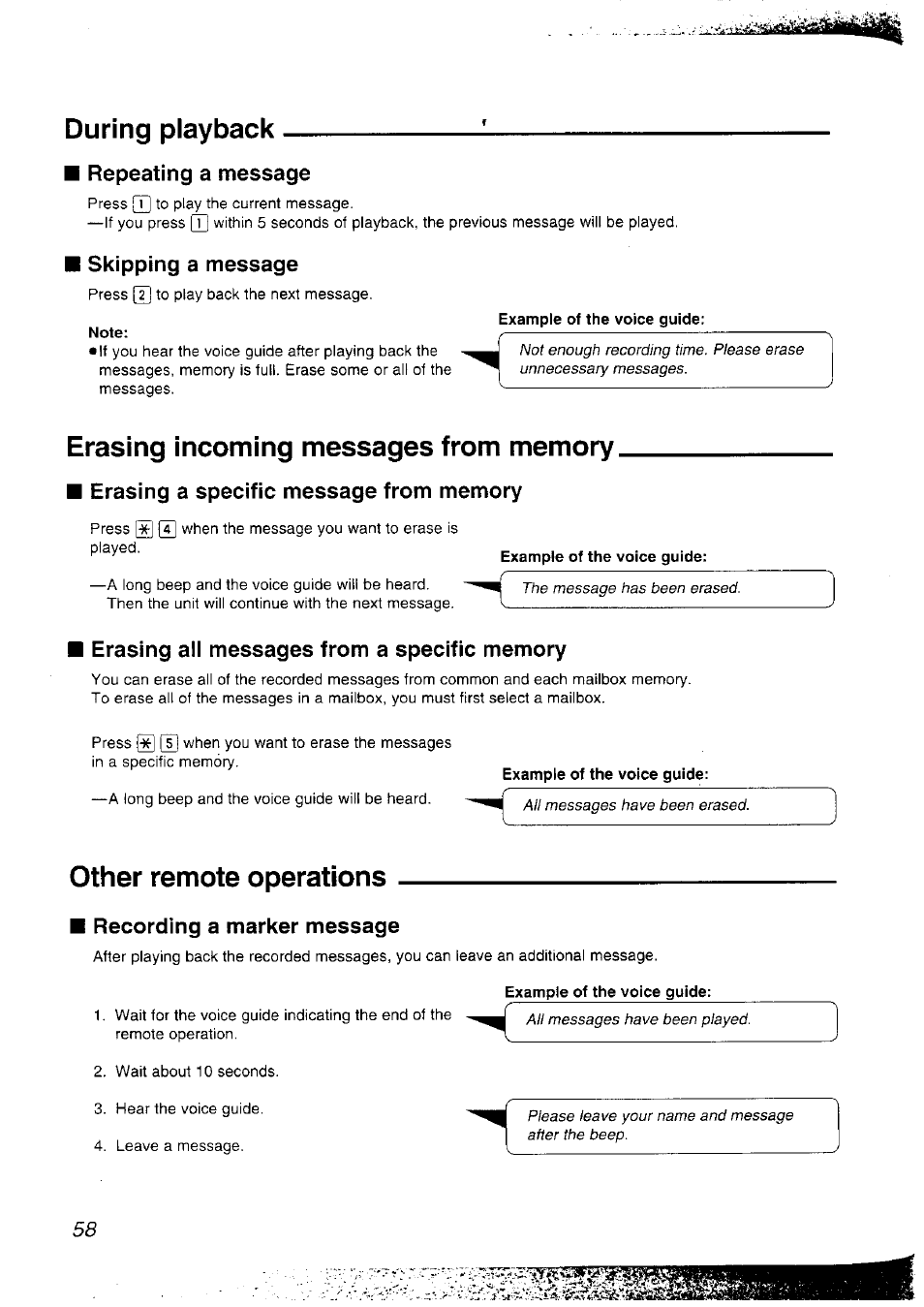 During playback, Repeating a message, Skipping a message | Note, Erasing incoming messages from memory, Erasing a specific message from memory, Example of the voice guide, Erasing all messages from a specific memory, Other remote operations, Recording a marker message | Panasonic KX-F2781NZ User Manual | Page 58 / 82