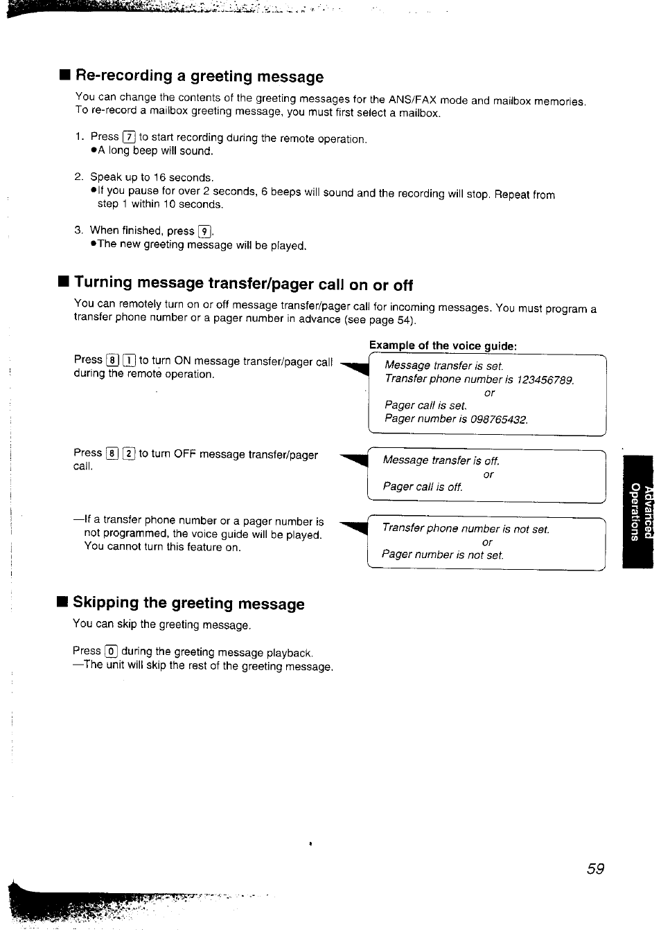 Re-recording a greeting message, Skipping the greeting message, Example of the voice guide | Turning message transfer/pager call on or off | Panasonic KX-F2781NZ User Manual | Page 59 / 82