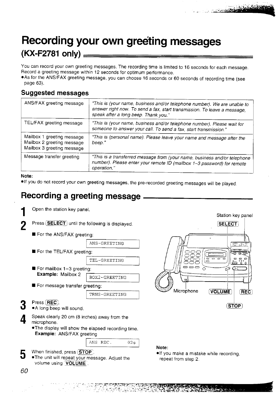 Recording your own greeting messages, Kx-f2781 only), Suggested messages | Recording a greeting message | Panasonic KX-F2781NZ User Manual | Page 60 / 82