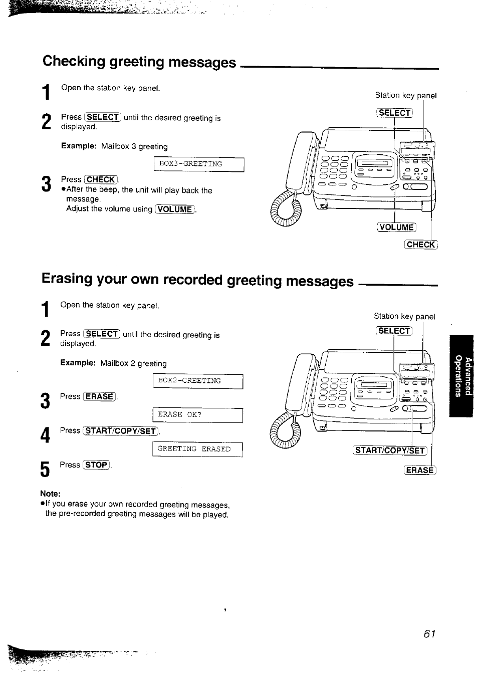 Checking greeting messages, Erasing your own recorded greeting messages, Press i start/copy/set | Note | Panasonic KX-F2781NZ User Manual | Page 61 / 82