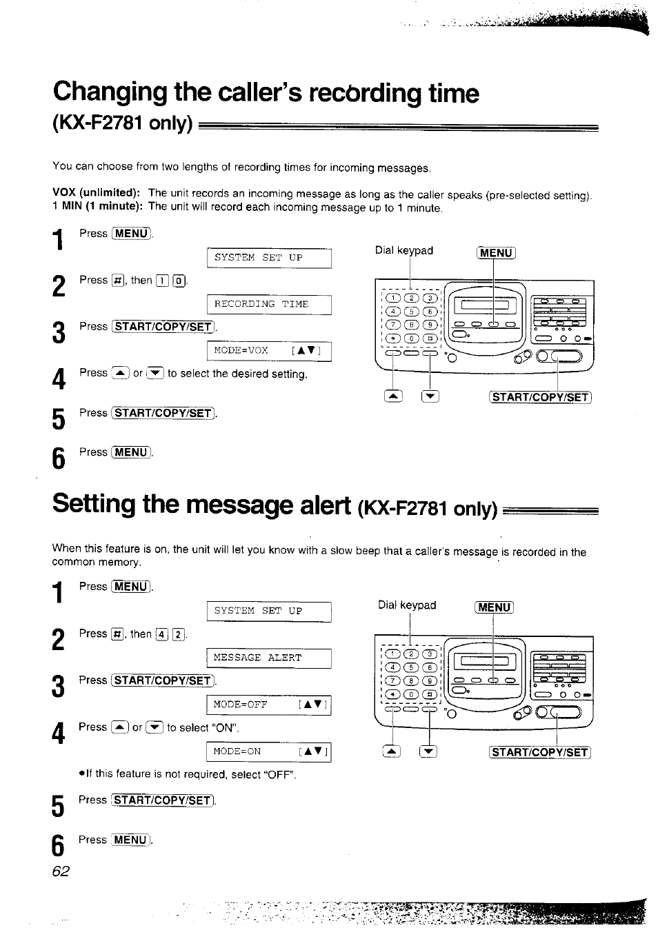 Changing the caller’s recording time, Kx-f2781 only), Menu | Setting the message alert (kx-f2781 only), Setting the message alert, 2781 only) | Panasonic KX-F2781NZ User Manual | Page 62 / 82