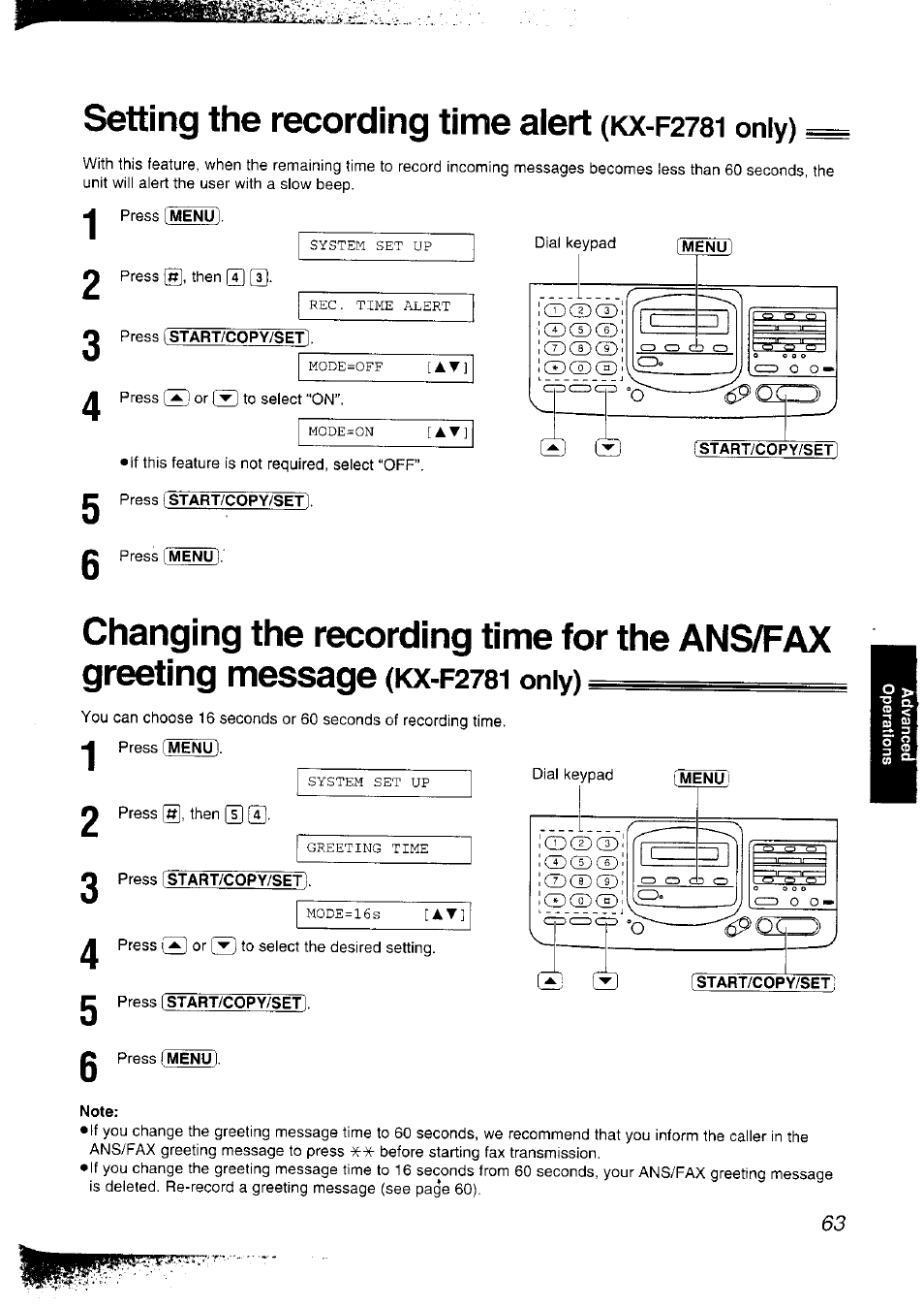 Setting the recording time aiert (kx-f2?81 only), Note, Setting the recording time aiert | Panasonic KX-F2781NZ User Manual | Page 63 / 82