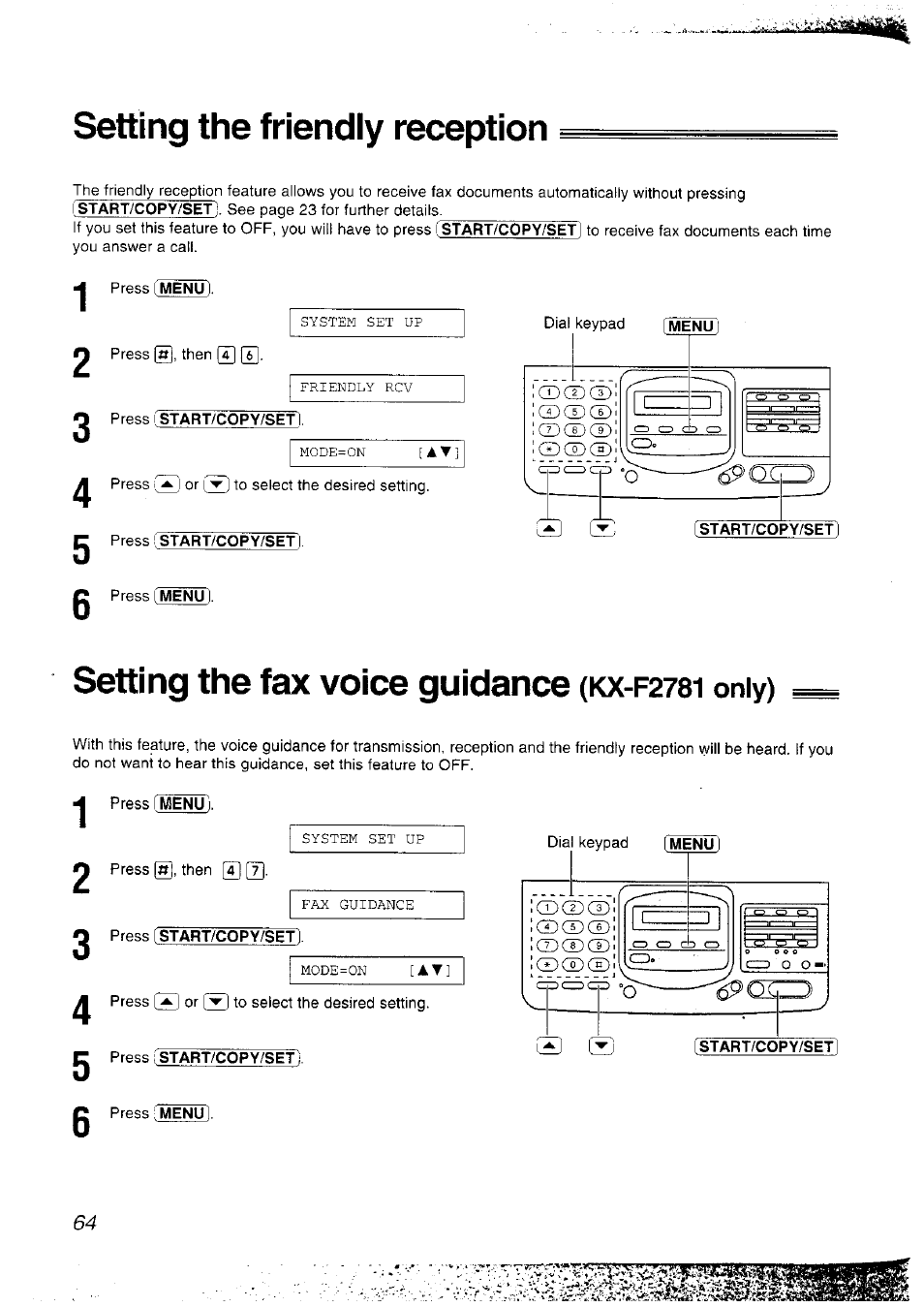 Setting the friendly reception, Setting the fax voice guidance (kx-f2781 only), 2 press [start/copy/set | Setting the fax voice guidance, F2781 only) | Panasonic KX-F2781NZ User Manual | Page 64 / 82