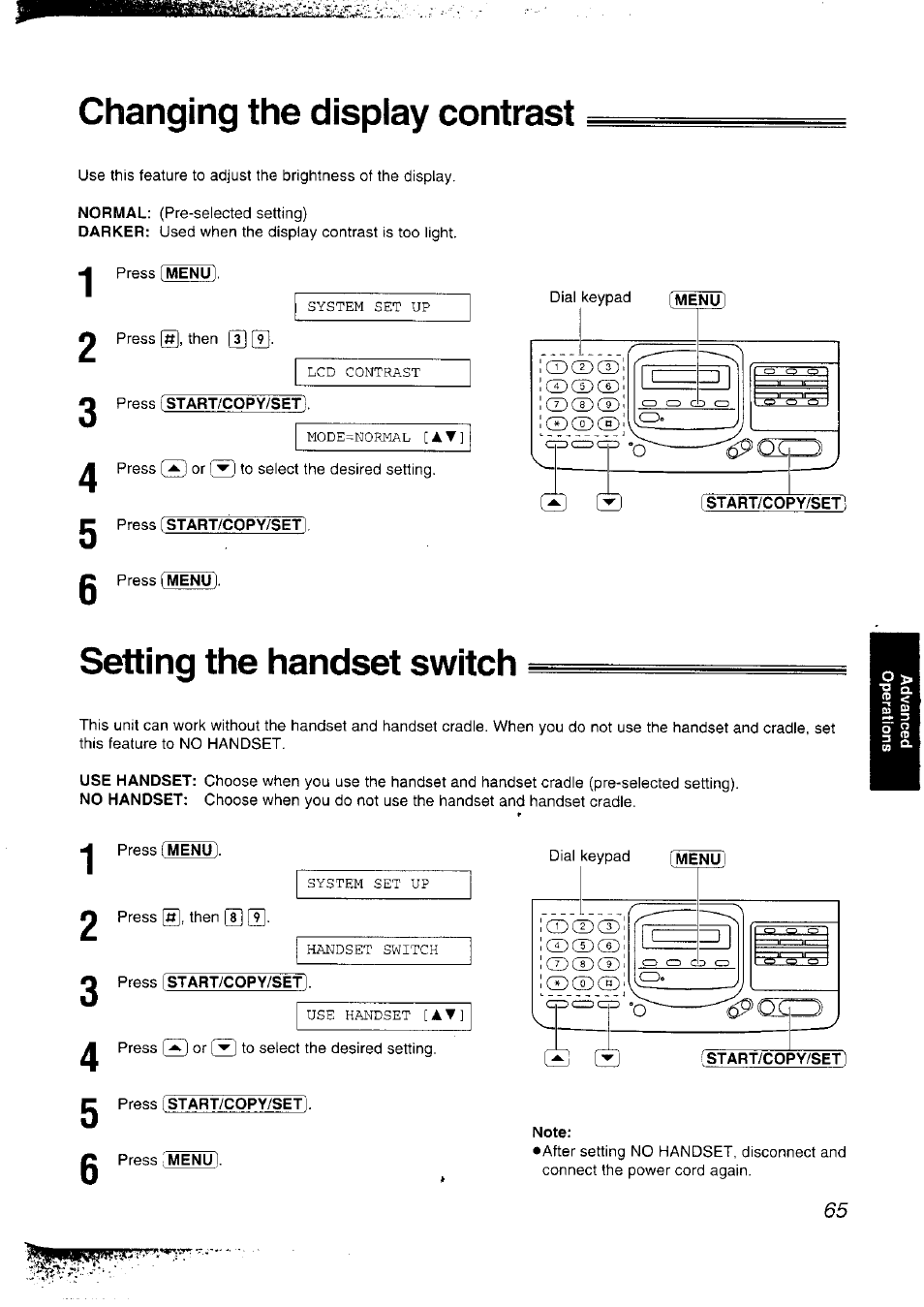 Changing the display contrast, Press istart/copy/set, Press start/copy/set | Setting the handset switch, Start/copy/set i, Note | Panasonic KX-F2781NZ User Manual | Page 65 / 82