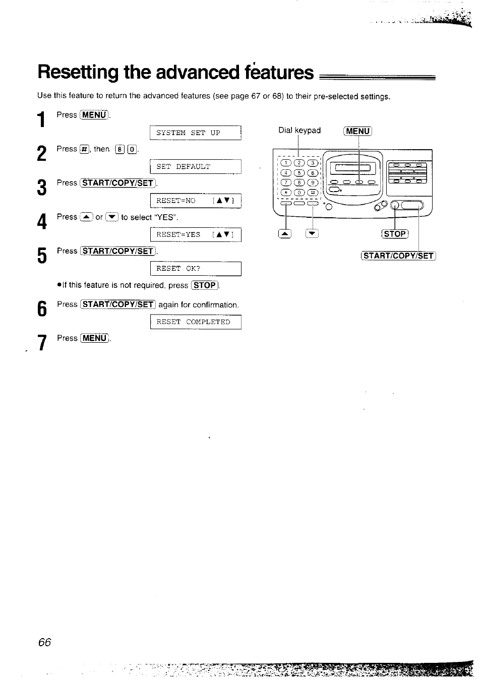 Resetting the advanced features, I start/copy/set | Panasonic KX-F2781NZ User Manual | Page 66 / 82