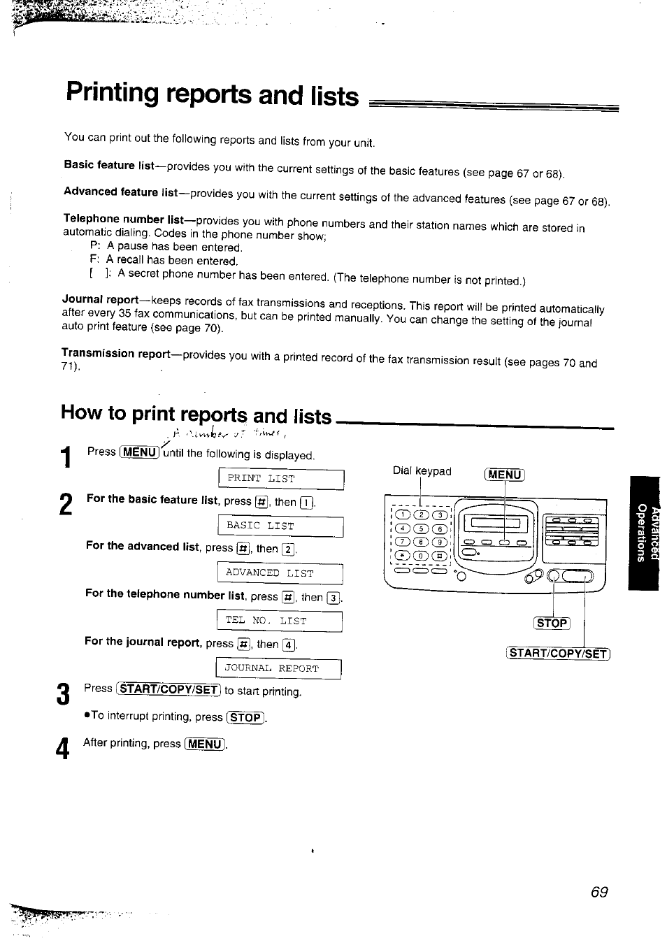 Printing reports and lists, How to print reports and lists, For the telephone number list, press then | Panasonic KX-F2781NZ User Manual | Page 69 / 82