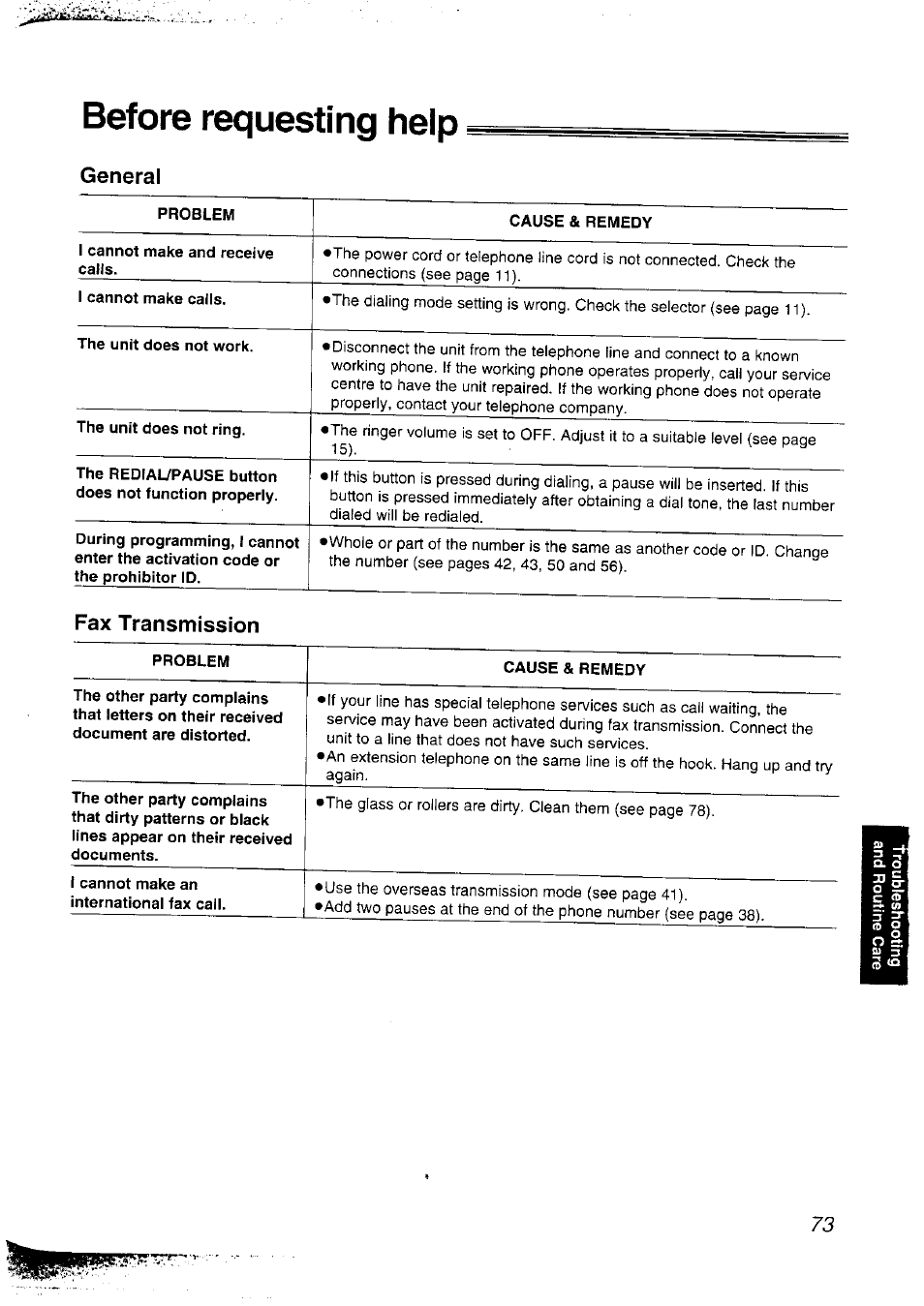 Before requesting help, General, Fax transmission | Panasonic KX-F2781NZ User Manual | Page 73 / 82