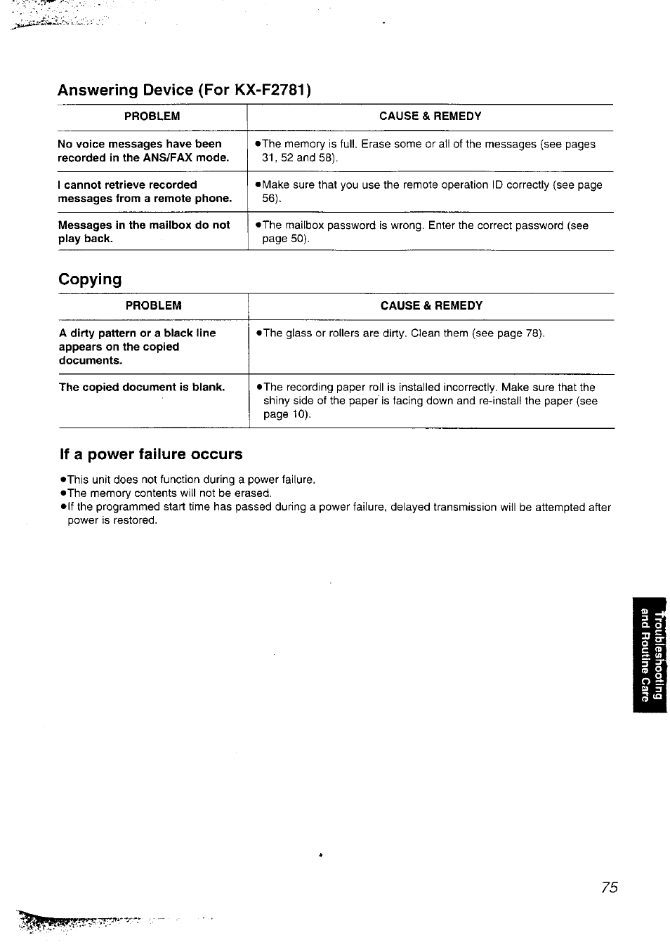 Answering device (for kx-f2781), Copying, If a power failure occurs | Panasonic KX-F2781NZ User Manual | Page 75 / 82
